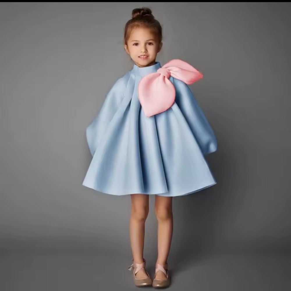 Blue and Pink Dress with Flared Silhouette and High Neckline 5/6T